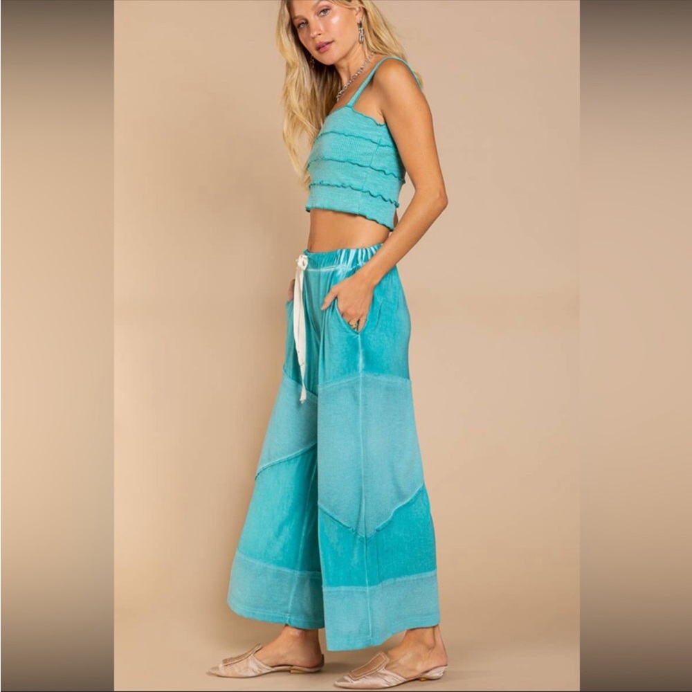 POL - AQUA GREEN Wide Leg Lounge Pants Lightweight Loose Knit Pants - Picture 3 of 12